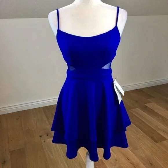 B Darlin Mesh-Inset Fit & Flare Dress Blue - Picture 3 of 7